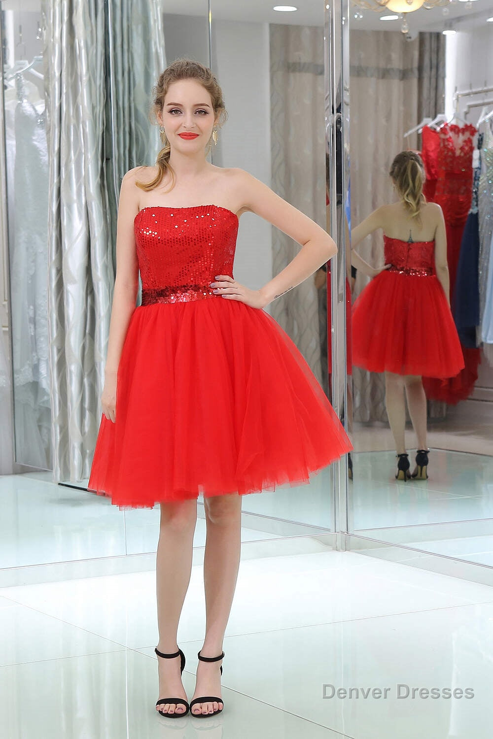 Red Sequined Tulle Strapless Homecoming Dresses Main image