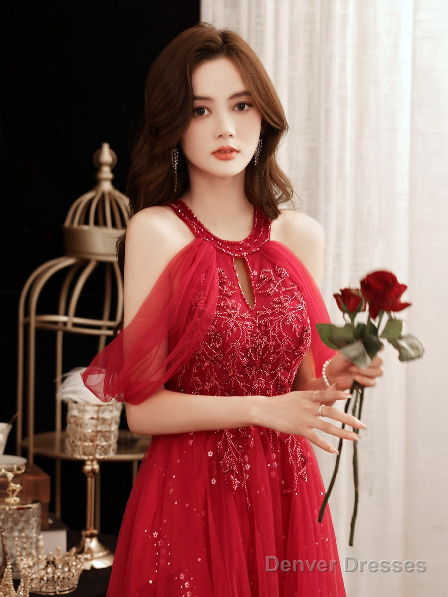 Red Sequins And Beaded Off Shoulder Long Prom Dress, Red A-Line Party Dress Secondary image