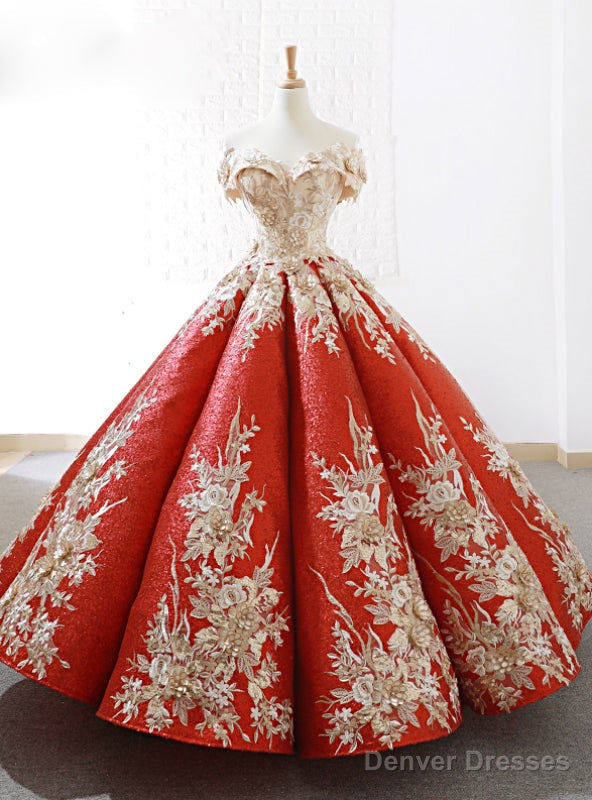 Red Sequins Ball Gown Appliques Off The Shoulder Wedding Dress