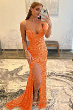Red Sequins Glitter Prom Dress with Slit