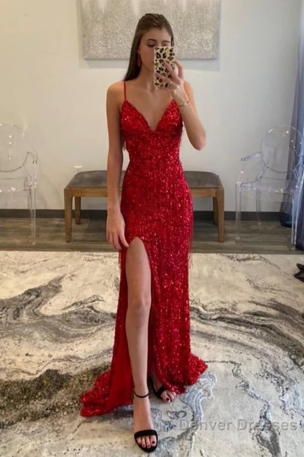 Red Sequins Glitter Prom Dress with Slit Main image