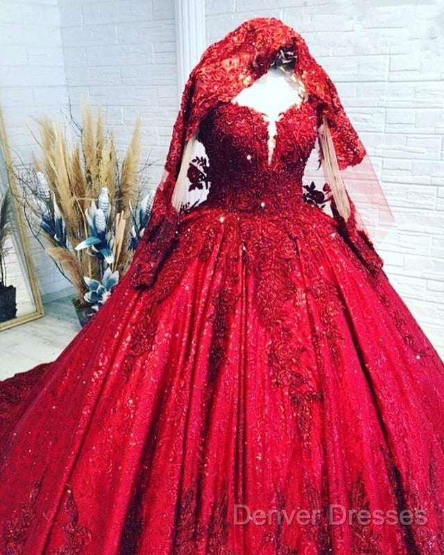 Red Sequins Lace Wedding Dress Ball Gown Long Sleeves