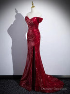 Red Sequins Mermaid Long Off Shoulder Evening Dress, Red Sequins Prom Dress