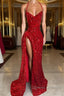 Red Sequins Prom Dress High Slit Halter Sleeveless Sparkly Long Party Evening Dress for Black Girls