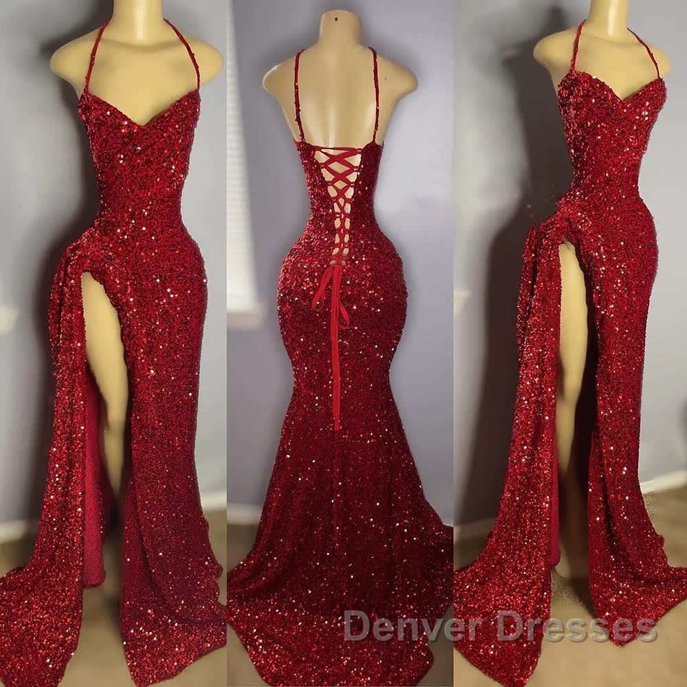 Red Sequins Prom Dress High Slit Halter Sleeveless Sparkly Long Party Evening Dress for Black Girls