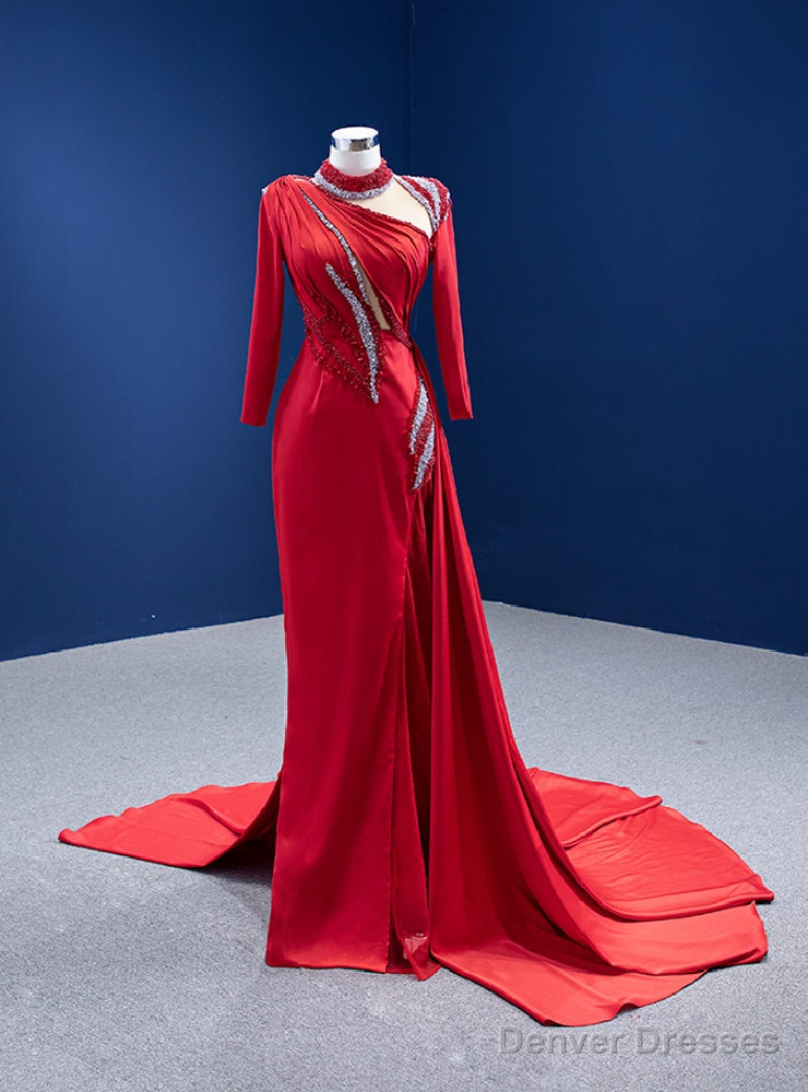 Red Sheath Long Sleeve High Neck Beading Prom Dress Main image