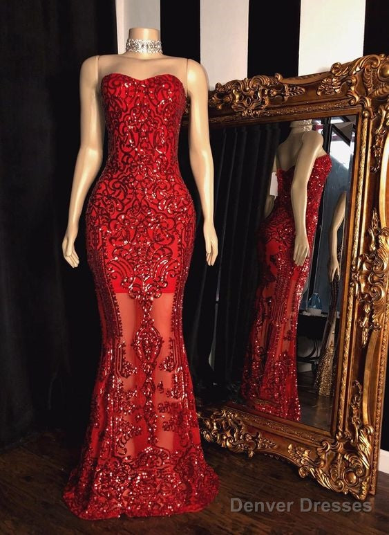 Red Sheath Sweetheart Strapless Floor Length Tulle Lace Prom Dress