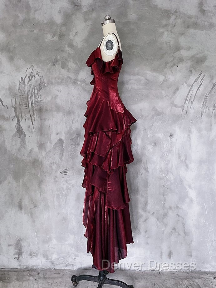Red Shimmer Asymmetrical Layered Flounce Spaghetti Strap Dress Evening Gown Secondary image