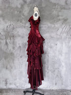 Red Shimmer Asymmetrical Layered Flounce Spaghetti Strap Dress Evening Gown