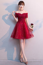 Red Shiny Tulle And Satin Off Shoulder Short Homecoming Dress, Red Prom Dress