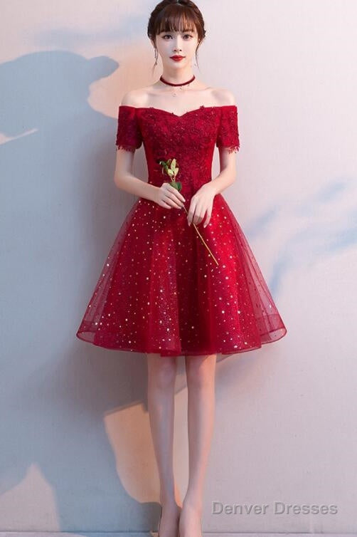 Red Shiny Tulle And Satin Off Shoulder Short Homecoming Dress, Red Prom Dress Main image