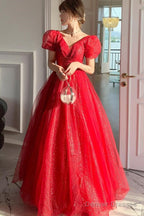 Red Shiny Tulle Short Sleeves Long A-Line Prom Dress, Red Wedding Party Dress