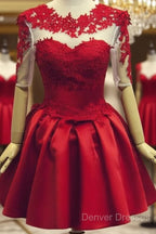 Red Short Sleeves Satin And Applique Homecoming Dress, Red Short Prom Dress, Formal Dress