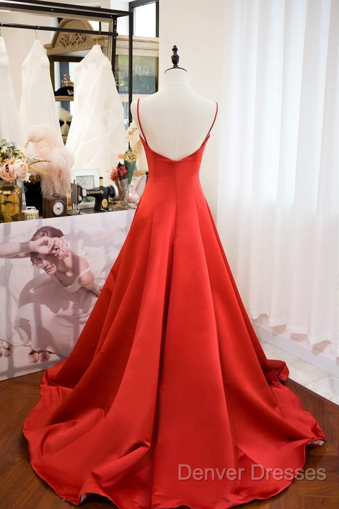 Red Spaghetti Strap Satin Long Prom Dress, Simple A-Line Evening Party Dress Secondary image