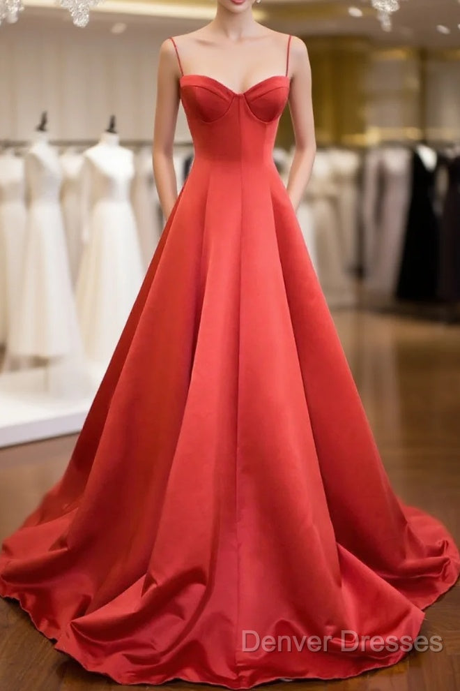 Red Spaghetti Strap Satin Long Prom Dress, Simple A-Line Evening Party Dress Main image