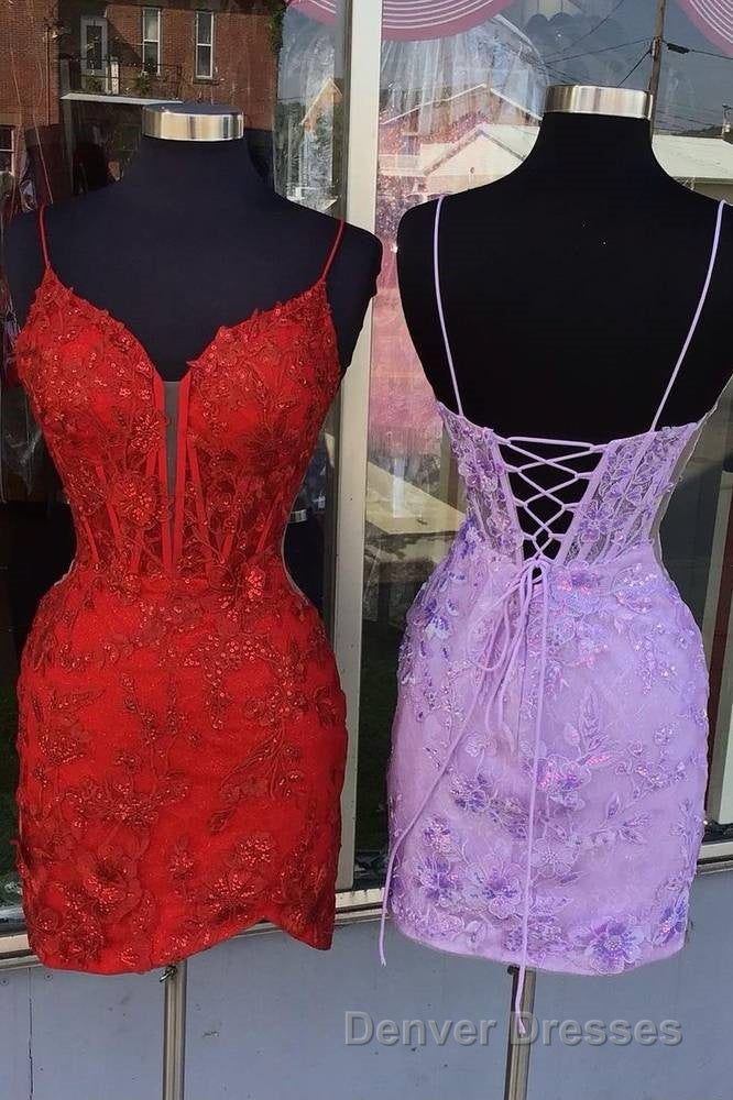 Red Spaghetti Straps Applique Tight Homecoming Dress Secondary image