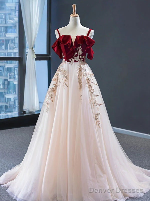 Red Spaghetti Straps Applique Tulle A-Line Prom Dress, Secondary image