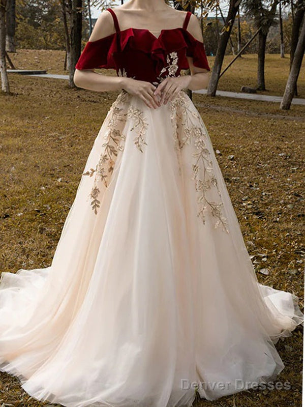 Red Spaghetti Straps Applique Tulle A-Line Prom Dress, Main image
