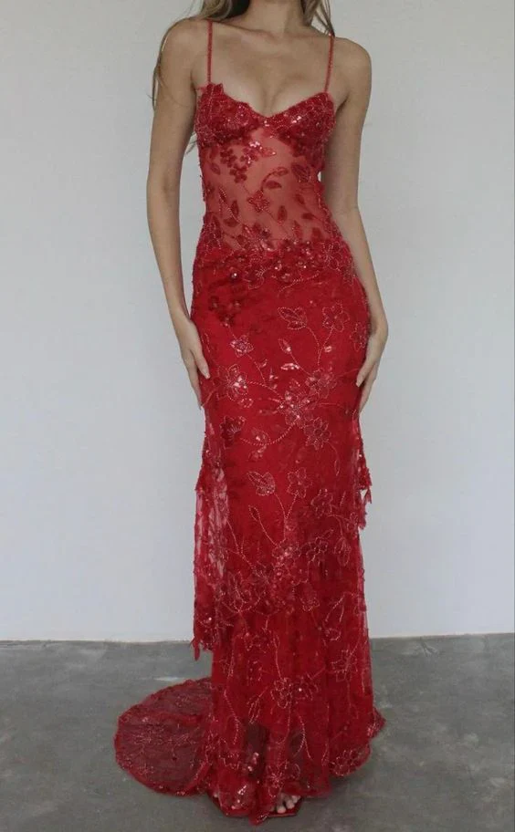 Red Spaghetti Straps Lace Beading Gorgeous Mermaid Evening Dress