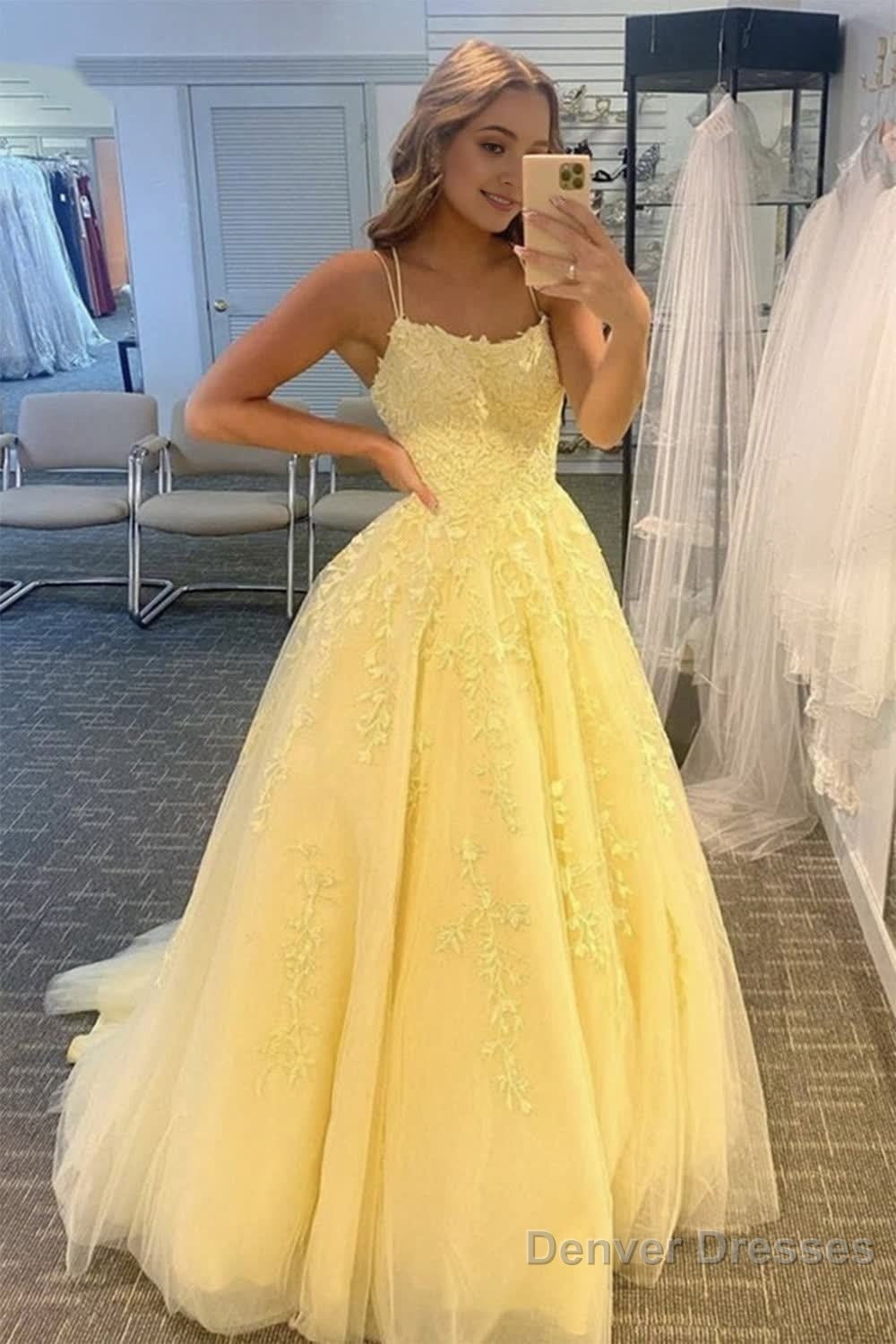 Red Spaghetti Straps Long Prom Dress with Appliques