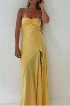 Vintage Satin Spaghetti Strap Ruched High Slit Formal Evening Gown