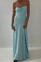 Vintage Satin Spaghetti Strap Ruched High Slit Formal Evening Gown
