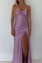 Vintage Satin Spaghetti Strap Ruched High Slit Formal Evening Gown