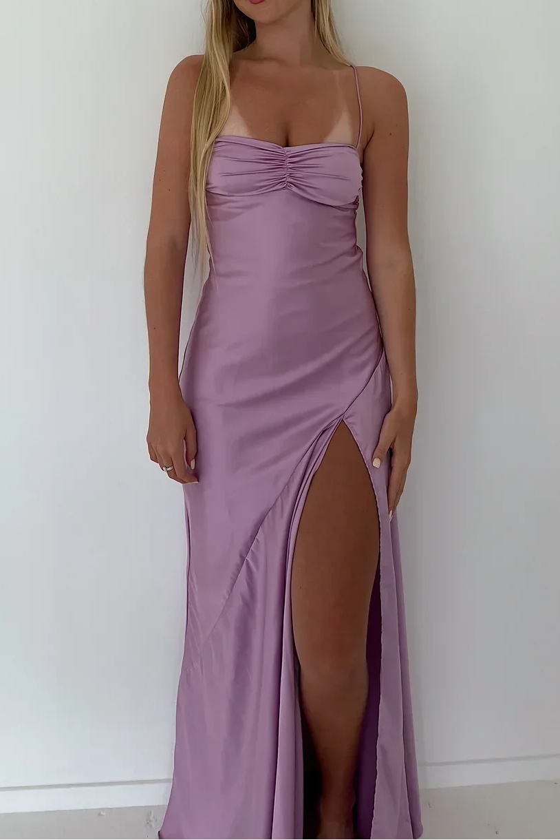 Vintage Satin Spaghetti Strap Ruched High Slit Formal Evening Gown