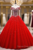 Red Sparkle Tulle Sweetheart Party Dress, Shiny Sweet 16 Dress