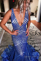Red Sparkly Deep V Neck Sequin Mermaid Prom Dress