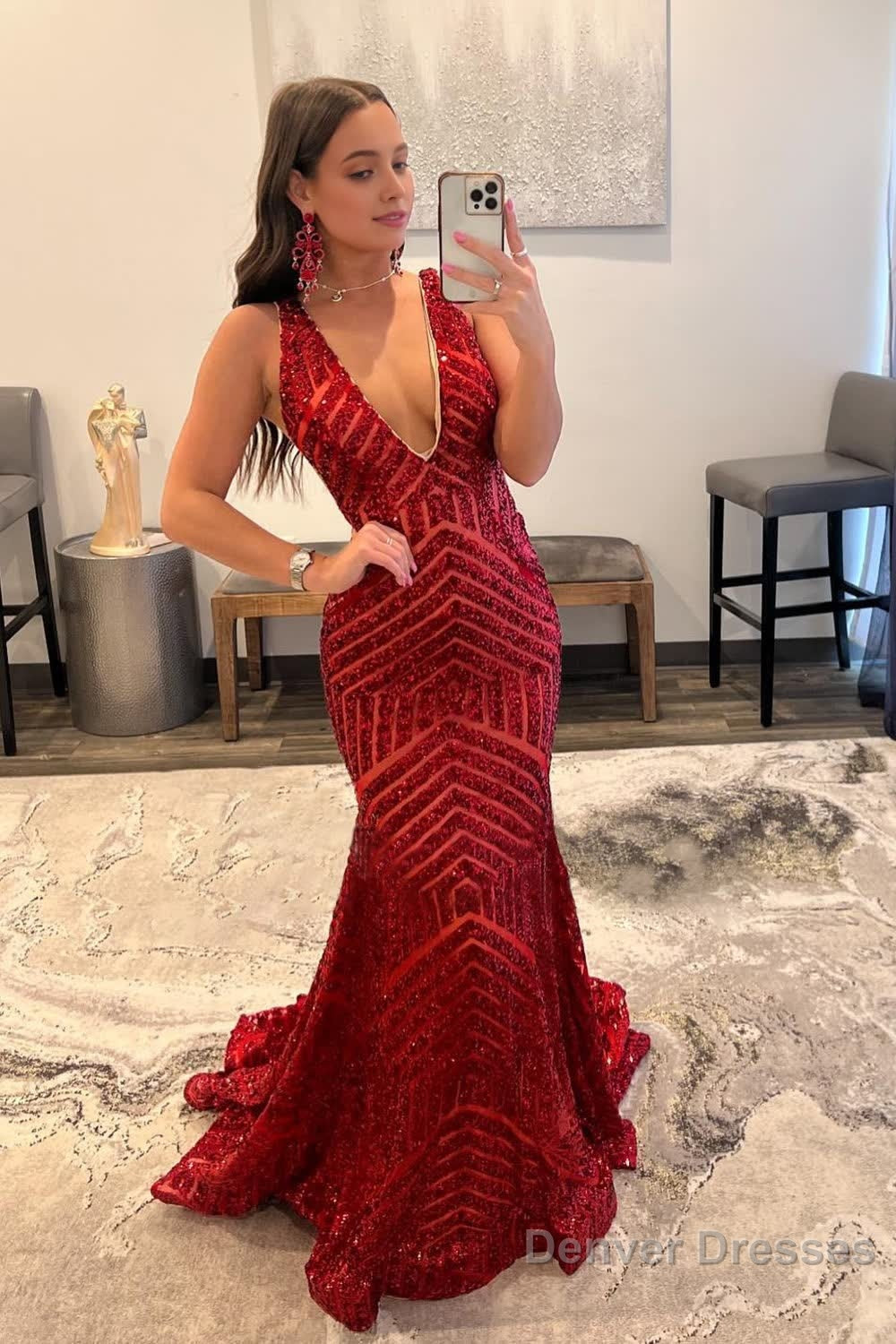 Red Sparkly Deep V Neck Sequin Mermaid Prom Dress Main image