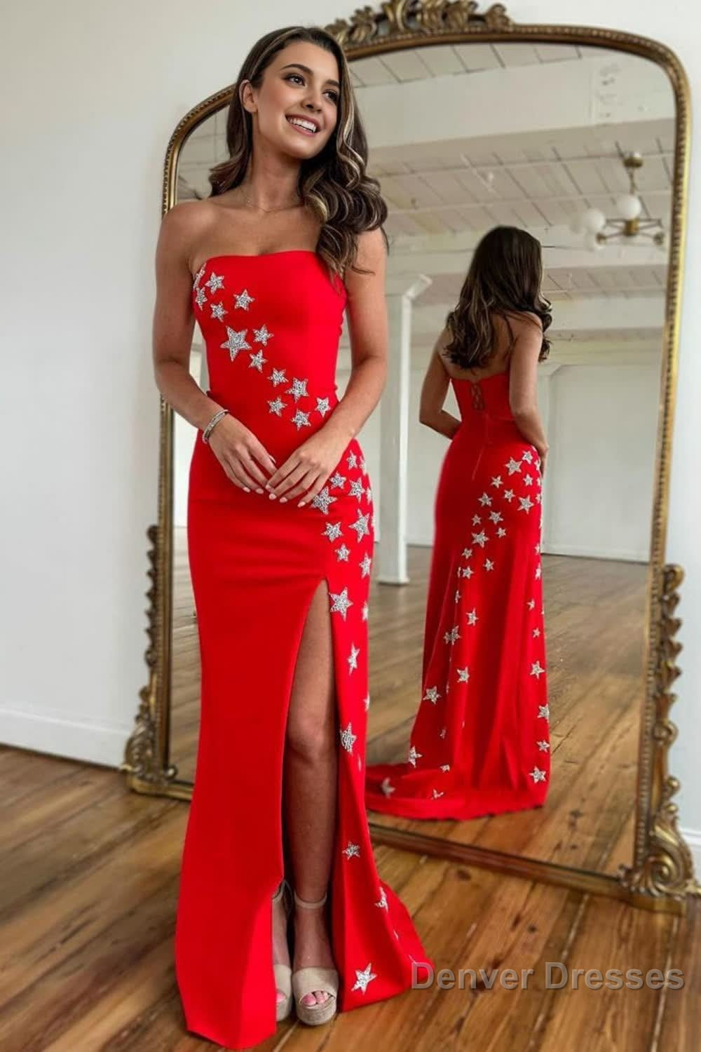Red Strapless Mermaid Long Prom Dress with Stars Main image