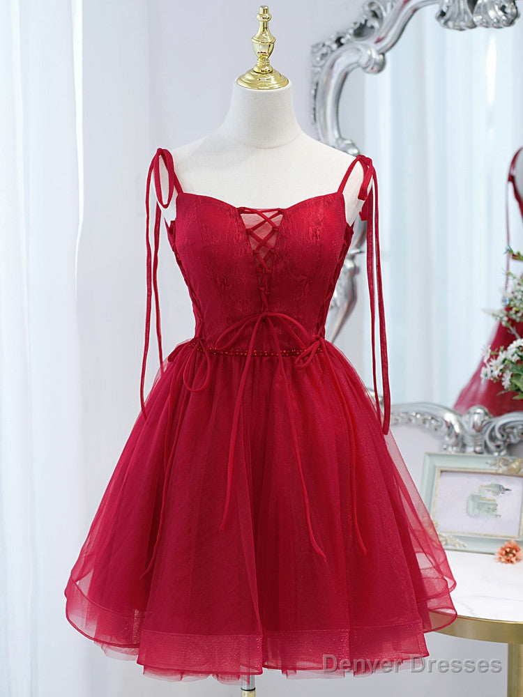 Red Straps Tulle Short Homecoming Dress Prom Dress, Red V-neckline Formal Dresses Main image