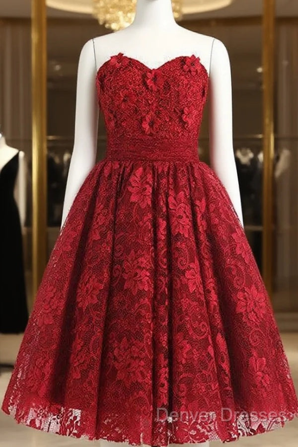 Red Sweetheart Knee Length Homecoming Dress Lace Cocktail Dress Main image