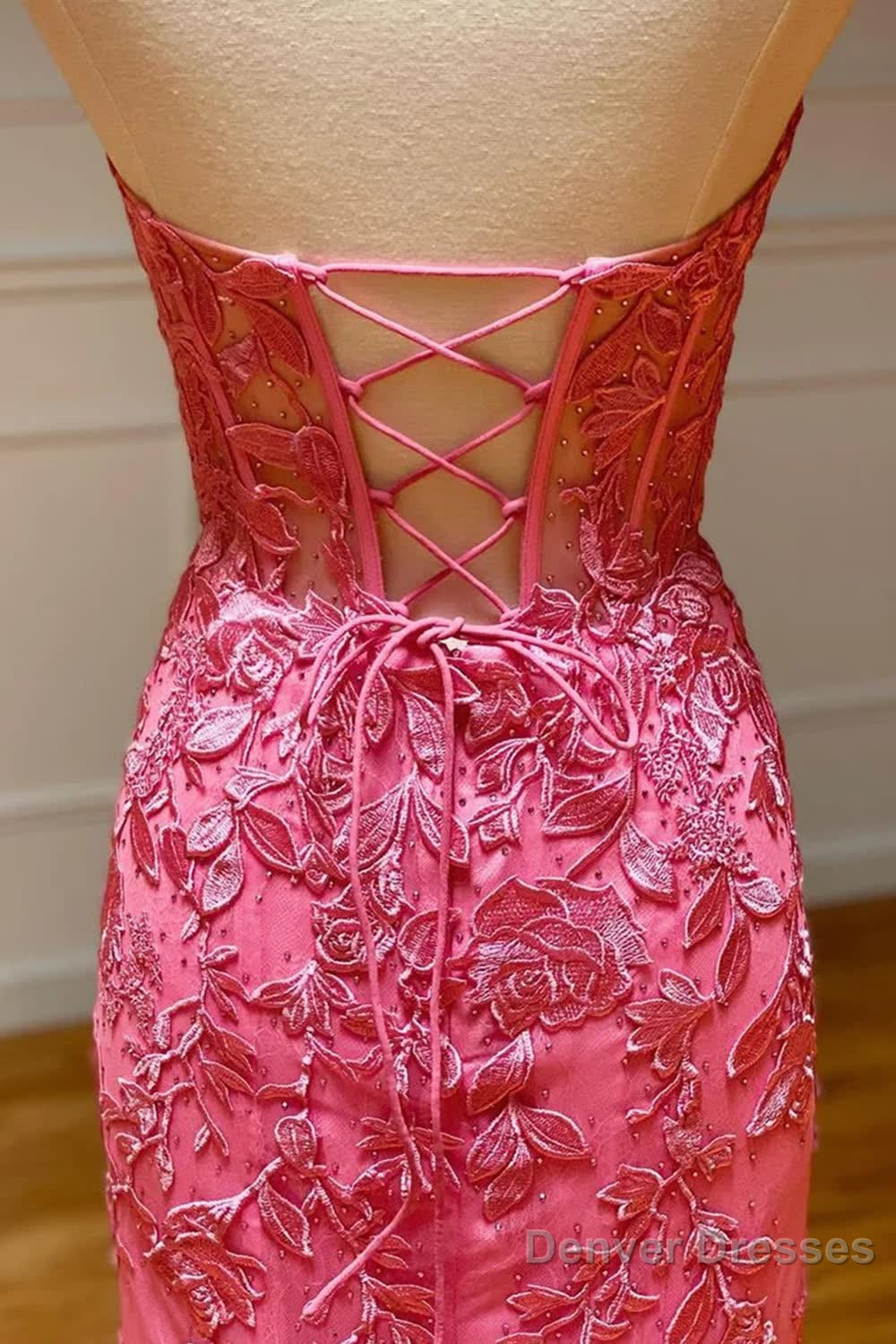 Red Sweetheart Lace-Up Long Mermaid Prom Dress with Appliques