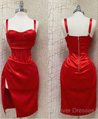 Red Sweetheart Neckline Slit Homecoming Dress Midi Prom Dress