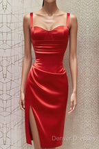 Red Sweetheart Neckline Slit Homecoming Dress Midi Prom Dress