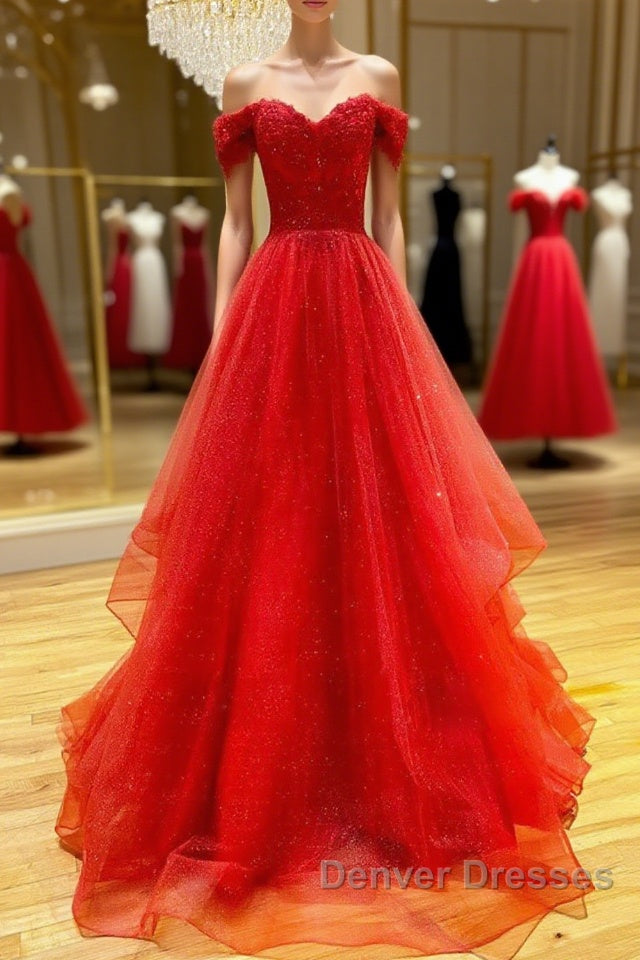 Red sweetheart off shoulder tulle long prom Dress tulle formal Dress