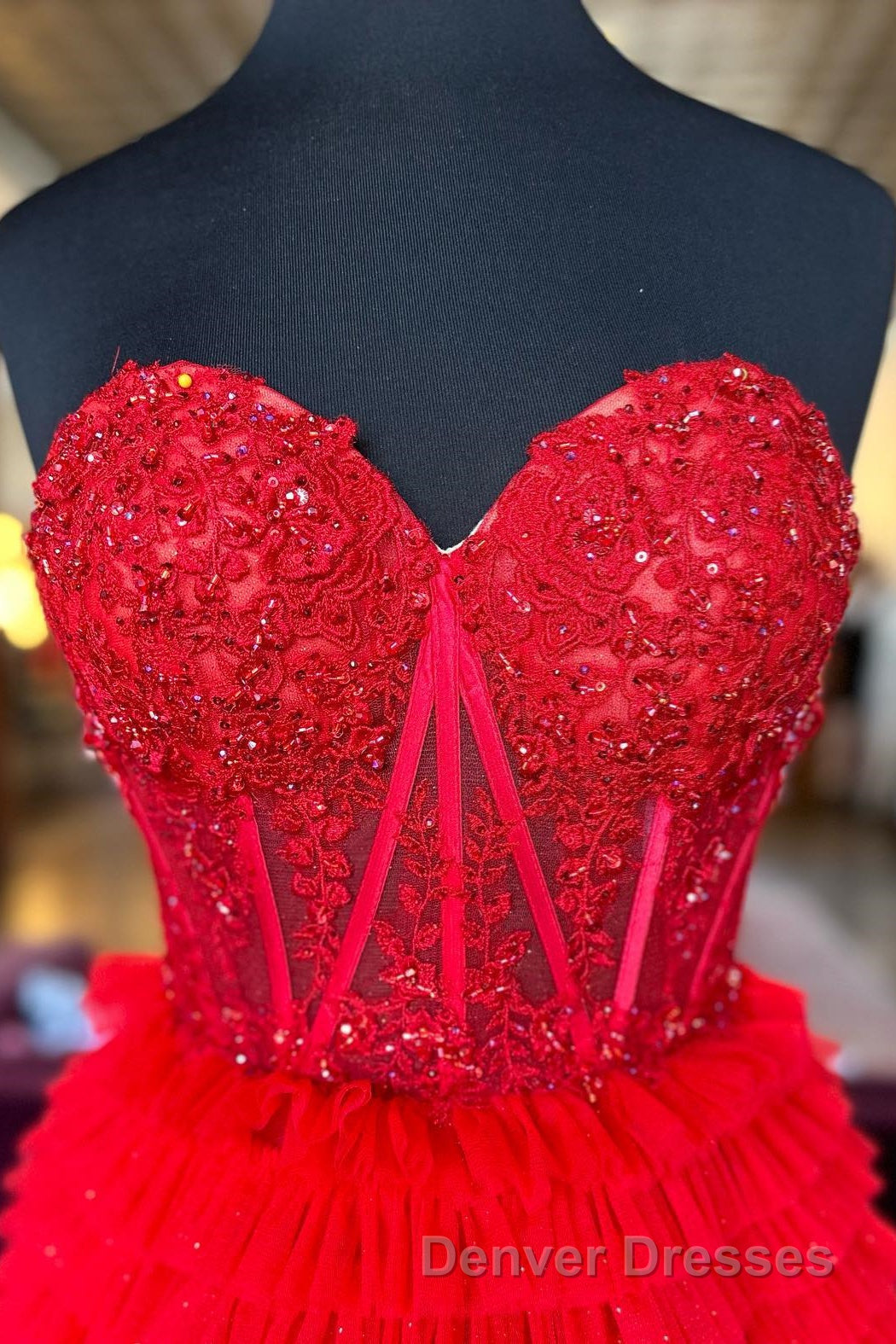 Red Sweetheart Sequins Top Multi-Layers Long Prom Dress,Tiered Formal Dress Secondary image