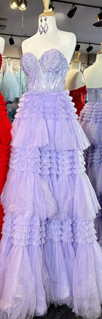 Red Sweetheart Sequins Top Multi-Layers Long Prom Dress,Tiered Formal Dress