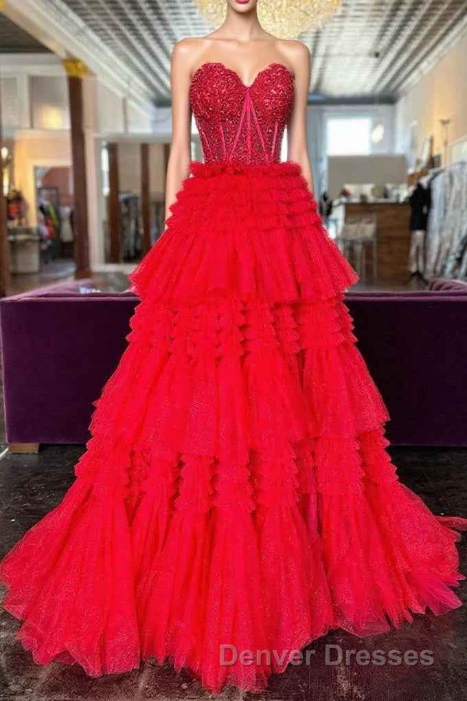 Red Sweetheart Sequins Top Multi-Layers Long Prom Dress,Tiered Formal Dress Main image