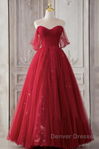 Red Sweetheart Tulle Long Beautiful Prom Dress, Wine Red Party Dress Evening Gown