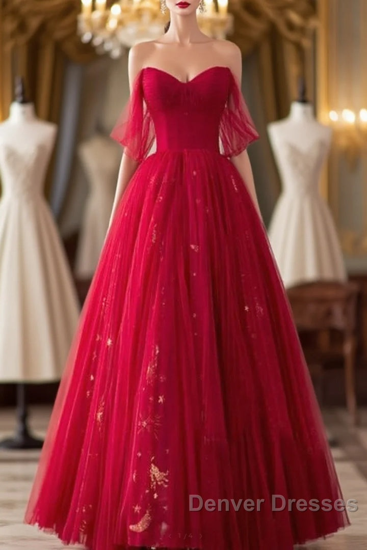Red Sweetheart Tulle Long Beautiful Prom Dress, Wine Red Party Dress Evening Gown