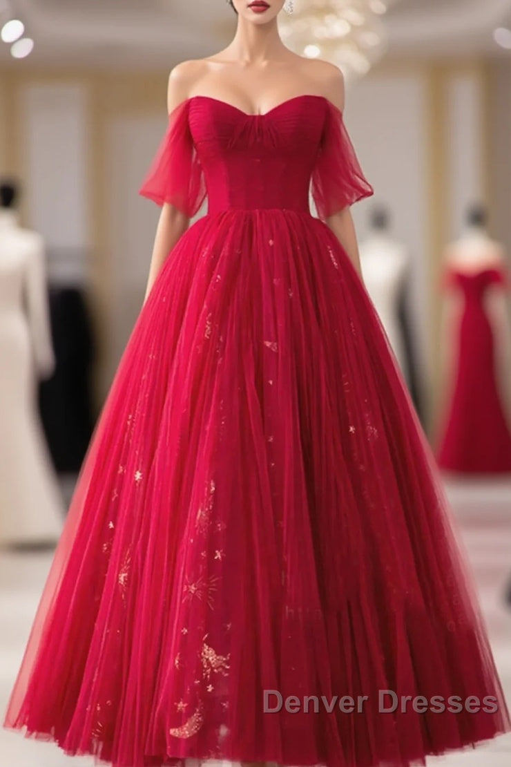 Red Sweetheart Tulle Long Formal Dress, Red Off Shoulder Party Dress Prom Dress