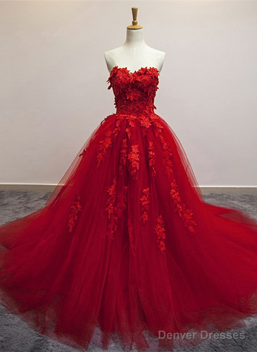 Red Sweetheart Tulle with Applique Party Dress , Tulle Formal Gowns Main image