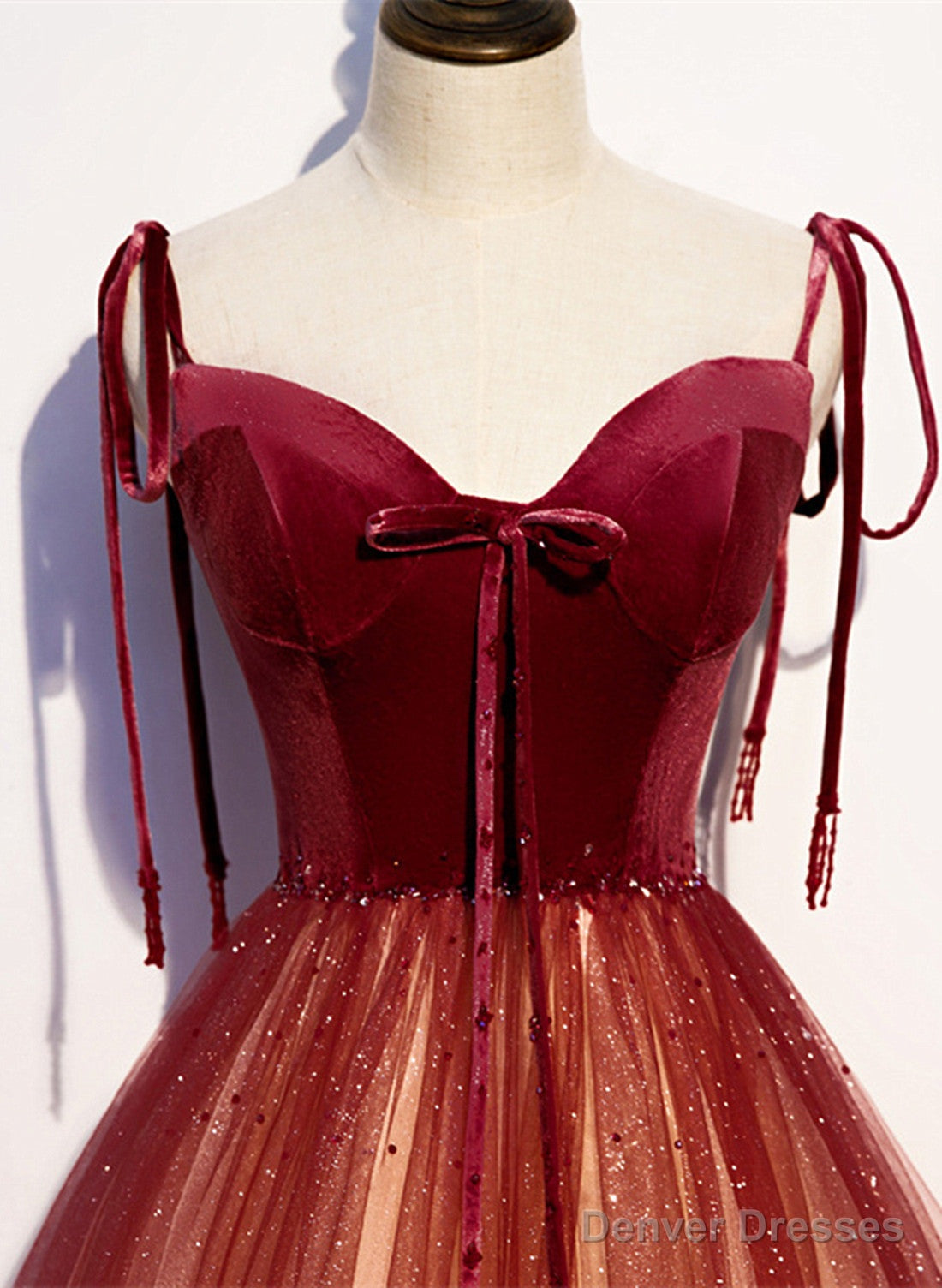 Red Sweetheart Velvet and Tulle Straps Long Party Dress, Gradient Tulle A-line Prom Dress Secondary image