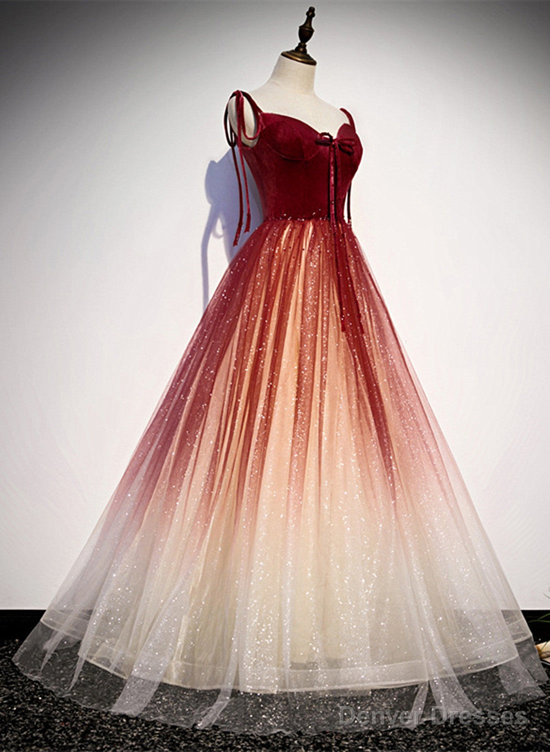 Red Sweetheart Velvet and Tulle Straps Long Party Dress, Gradient Tulle A-line Prom Dress Main image