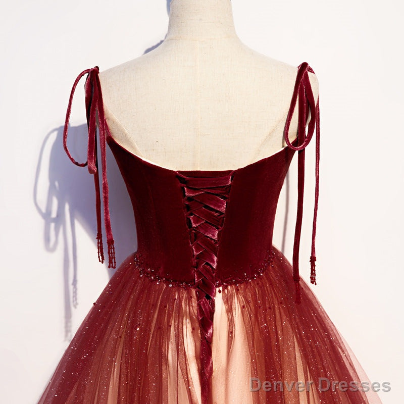 Red Sweetheart Velvet and Tulle Straps Long Party Dress, Gradient Tulle A-line Prom Dress