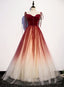 Red Sweetheart Velvet and Tulle Straps Long Party Dress, Gradient Tulle A-line Prom Dress
