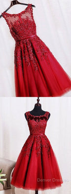 Red Tea Length Round Homecoming Dress, Lace Applique Red Party Dress, Vintage Style Prom Dress